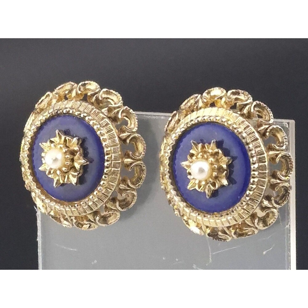 Vintage Cobalt Blue Enamel Faux Pearl Golden Filigree Clip Earrings 1.25"